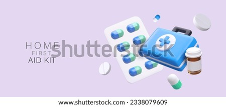 Concept of home first aid kit. Poster with realistic 3d box with different pills for first help. Medicine collection concept. Vector illustration with place for text