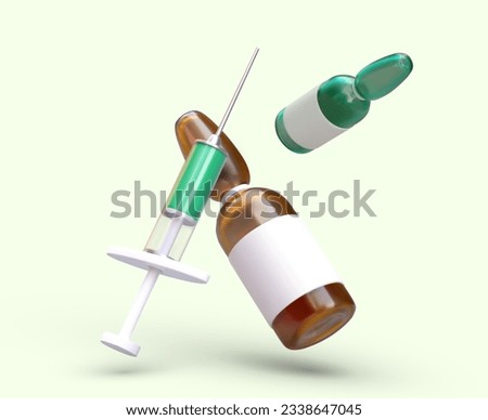 Set for vaccination. 3D ampoules of different colors, syringe with green liquid. Time to make injection. Vaccination calendar illustration. Global disease prevention for adults and children