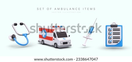 Set of 3d cartoon stethoscope, ambulance, syringe and clipboard with medical cart or checklist. Ambulance items concept. Vector illustration in blue and red colors