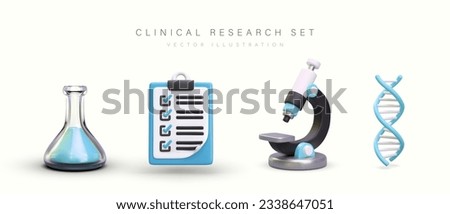 Realistic explorer accessories. Items for conducting laboratory observations. Set of isolated vector images. Triangular flask with blue liquid, clipboard, microscope, DNA helix