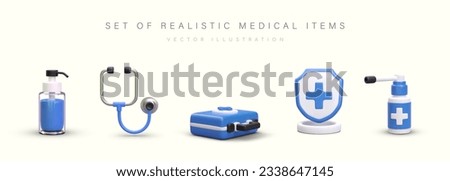 Set of blue medical items. 3D dispenser with antiseptic, stethoscope, first aid kit, medical shield with cross, spray with long nozzle. Treatment, insurance, health care