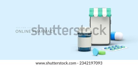 Buying medicines via Internet. 3D smartphone with striped canopy and empty screen. Medicine in blister, mini bottle, scattered pills and capsules. Concept on blue background