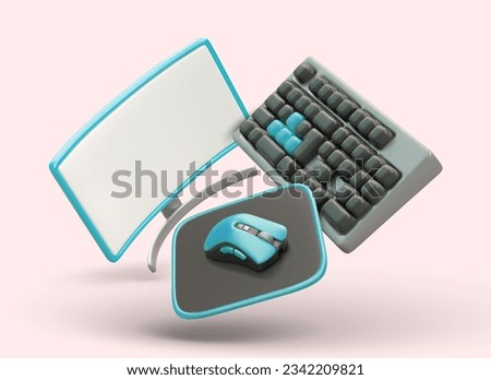 Realistic computer equipment. 3D curved monitor, keyboard, mouse with pad. Personal set of user. Color vector composition. Programmer accessories. Office equipment