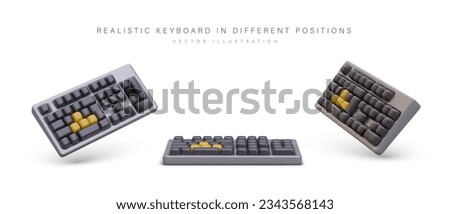Set of realistic black keyboards with shadows. Wireless device for typing text, inputting information. Isolated image on white background. View from different sides