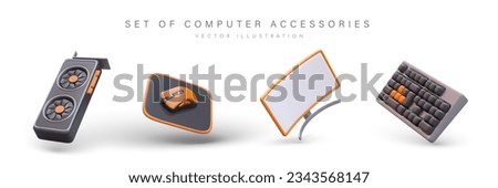 Set of computer accessories. Realistic video card, mouse with pad, curved monitor on stand, keyboard. Floating isolated vector objects. Icons in cartoon style