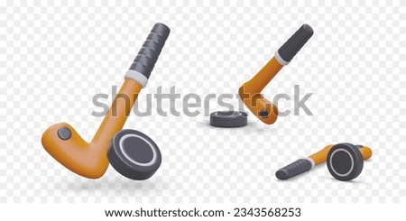 3D hockey stick with puck. Set of isolated vector images. Accessories for ice sports. Icons for site, application, game. Color illustrations for modern web design