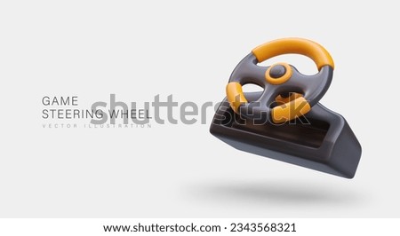Realistic game steering wheel. Device for computer racing. Driving simulation. Concept for computer clubs, entertainment centers. Sale of game equipment. Store advertisement