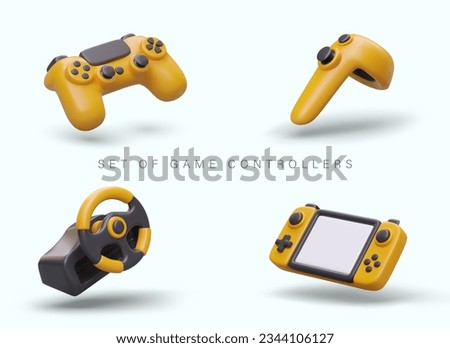Collection of yellow game controllers. Different types of joysticks. Gadgets for video games with simulation, virtual reality. Button game consoles. Isolated vector image