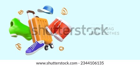 3D travel bag with clothes. List of things to take with you on trip. Vector concept for tourist site. Seasonal outfit. Shop of tourist suitcases and bags