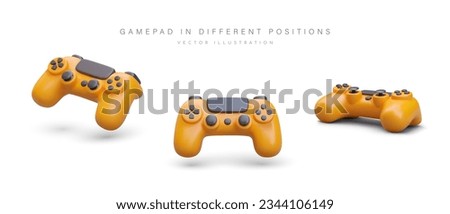 Colorful poster with game pad in different positions. Realistic 3d game controller for video games and e-sports. Play game with remote controller. Vector illustration with place for text