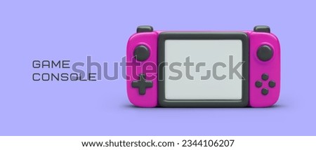 Pink realistic game console with blank screen. Vector advertising template with text. Fun time. Classic personal gaming gadget. Pocket device for video games