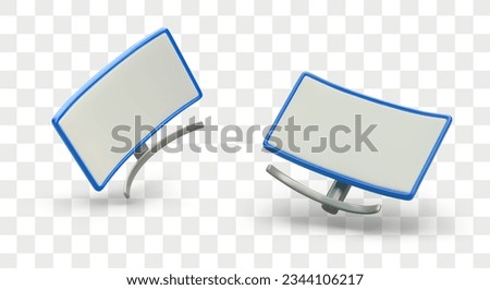 Two digital computer screens in different positions. Computer monitor display with empty screen. Device for work on computer. Vector illustration in blue and gray colors