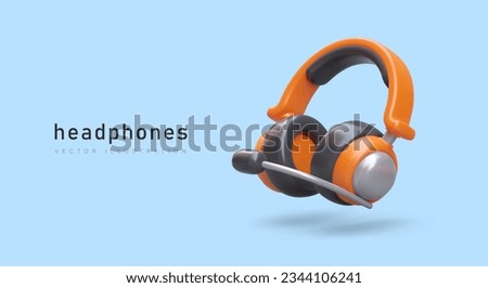 3D headphones with microphone. Headset for gamer, user, call center operator. Ergonomic wireless device. High quality sound reproduction. Advertising concept in cartoon style