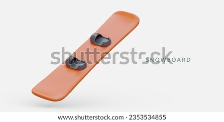 3D snowboard. Equipment for skiing on snow. Board with foot binding. Winter sports entertainment, leisure time at ski resort. Color vector poster with place for text