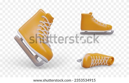 Realistic skates. Yellow sports shoes with metal blades. Accessory for skating. Set of 3D vector images for web design. Color icons for sports sites, applications, advertising