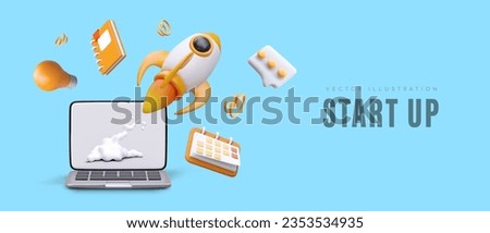 Realistic rocket takes off from laptop. Launching new business. Creative poster in cartoon style. Icons of messenger, planner, calendar, light bulb. Manager success. Startup