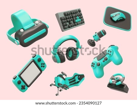 Realistic gamer accessories. Gadgets for virtual reality. Keyboard, mouse and microphone, headphones, chair. Controller, console and gamepad, steering wheel, glasses. Floating vector objects