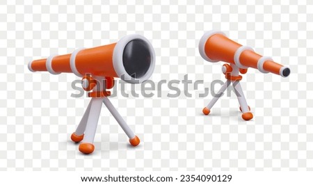3D telescope in cartoon style. Front and back view. Optical device for surveillance, espionage. Astronomer device. Planetarium equipment. Colored vector icons