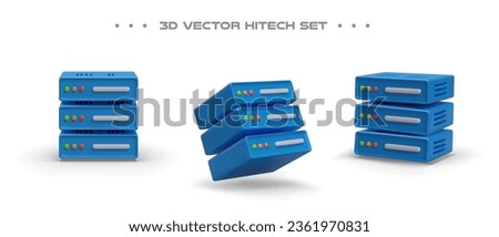 Realistic blue server in different positions with shadows. Data center. Storage and processing of information. Set of vector icons. Isolated images on white background