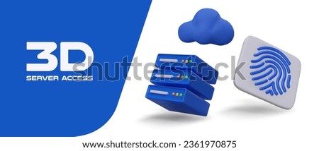 Blue realistic server, cloud, fingerprint. Secure data storage. Personalized access and control. Password protected. Digital security system. Vector poster for web design