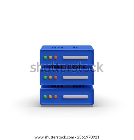3D blue server, front view. Autonomous performance of tasks. Renting server for mining. Isolated image in cartoon style. Data center. Color web design