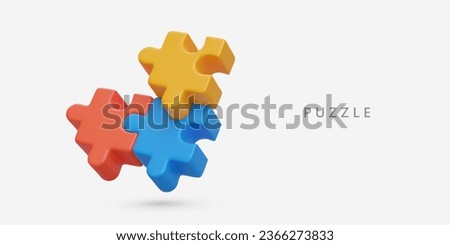 Realistic puzzle of colored pieces. Children toy. Logical problem, riddle. Vector color poster with text. Business solutions, teamwork. Puzzle shop template