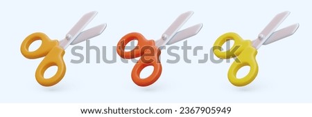 Set of scissors with handles of different colors. Tool for cutting paper, cardboard. Stationery with sharp blades. Isolated color icons. Vector realistic illustration