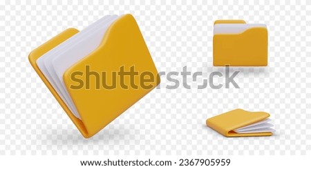 3D yellow folder with documents. Plastic file with sheets, portfolio. Office supplies. Set of color illustrations. View from front, side, at angle. Empty unmarked cover