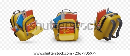 School backpack with stationery. Set of vector icons. Back to school. Student yellow shoulder bag. Isolated color illustrations. Educational color item