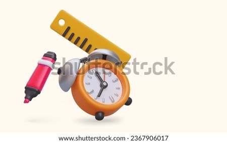 3D marker, alarm clock, ruler. Study time. Composition of vector floating objects. Office supplies. Color web concept. Advertising layout of online stationery store