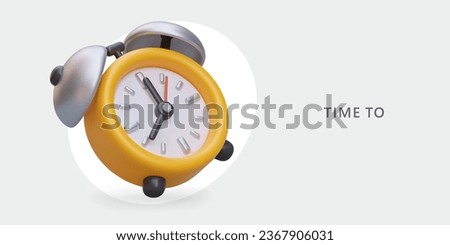 Time to. Vintage yellow alarm clock, place for text. Vector concept with 3D illustration in cartoon style. Device for reminding about start of work. Countdown