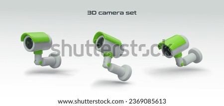 Set of realistic surveillance cameras. Vector object in different positions. Secret observation device with green protective visor. CCTV system. Illustrations for web design