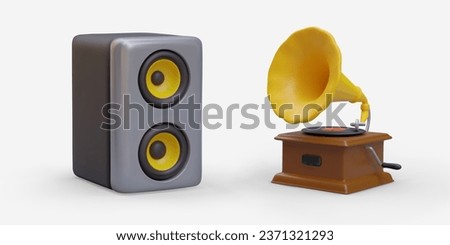 Realistic column and gramophone. Modern and vintage equipment for broadcasting music. Icon set. Color vector illustration. Detailed image with shadows