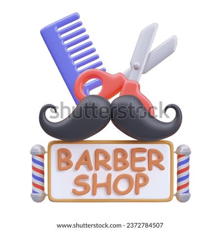 Barbershop concept in cartoon style. 3D mustache, scissors, comb, sign with text. Barber pool lights. Men barber shop. Color isolated image on white background