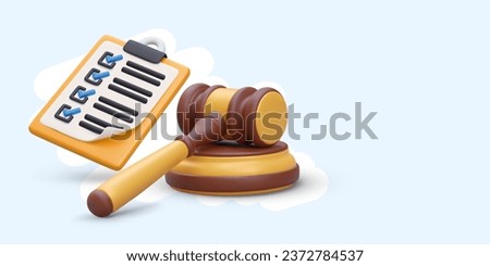 3D clipboard with attached list, judges gavel. List of evidence, documents, facts. Procedure implementation protocol. Paper with checkmark. Compliance with provisions of law. Color layout