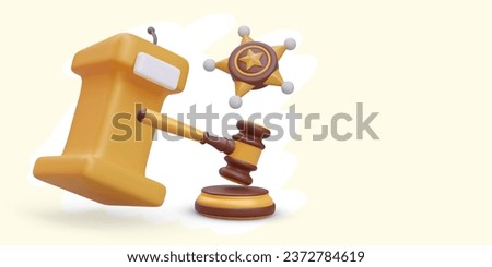 3D tribune with microphone, judges wooden gavel, metal star. Concept of speaking in court. Accusations and excuses. Speech of prosecutor, lawyer. Vector banner