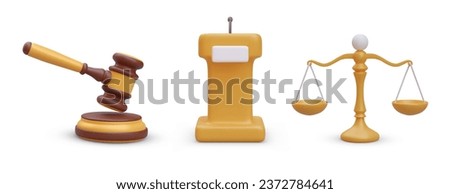 Set of wooden judges gavel, speaker lectern with microphone and golden scale. Legal law, equity and truth concept. Vector illustration with white background in yellow colors