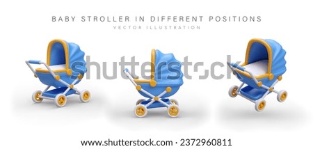 Set of blue and yellow baby carriages in different positions. Cute illustrations in cartoon style. Accessory for safe and comfortable transportation of child. Isolated images