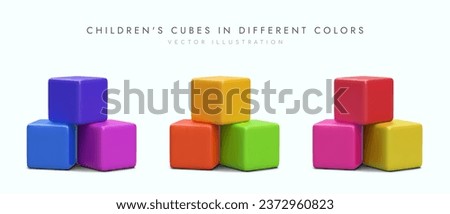 3d cubes for children in different colors. Advertising poster for toy store. Building blocks for kids. Vector illustration in red, blue and yellow colors