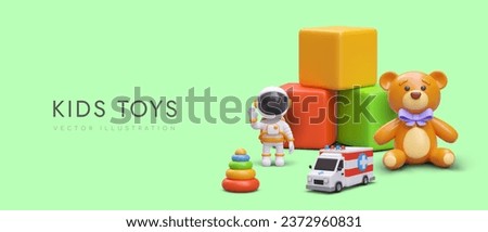 Poster with collection of different toys on green background. 3d cubes, teddy bear with purple bow, astronaut and ambulance car. Vector illustration with place for text