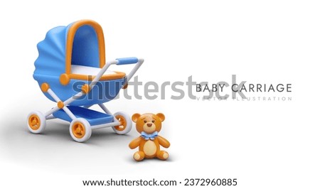 Realistic blue baby carriage, cute toy bear with bow. Color banner for store of children goods. Online advertising template in social networks. Place for text, store name
