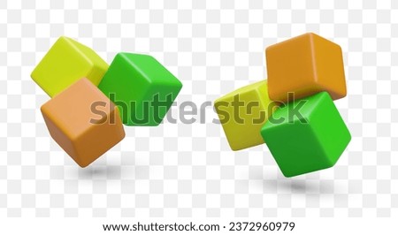 Set of colorful cubes in different positions. Different models of toys for children. 3d realistic toys concept. Vector illustration in green and yellow colors