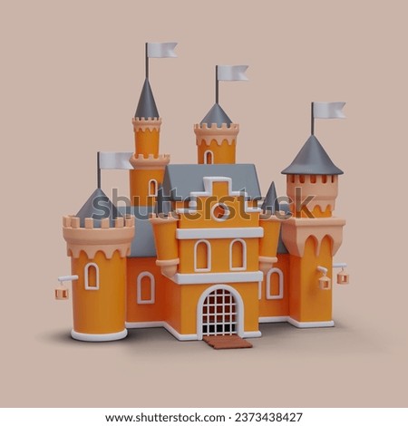 3d realistic orange fantasy castle. Model for computer game, 3d toy for children. House from fairy tail. Vector illustration with orange background in cartoon style