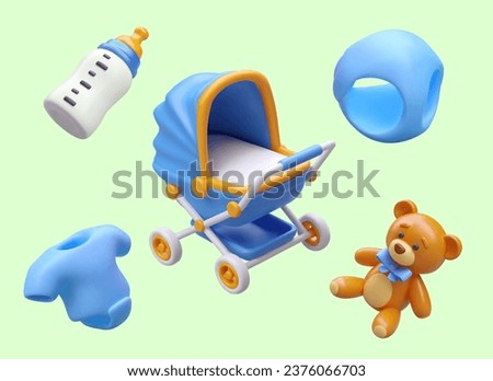 Set of children things for boy. 3D blue stroller, diaper, stuffed bear, baby bodysuit, feeding bottle. Color vector illustration. Cute collection. Icons for children shop