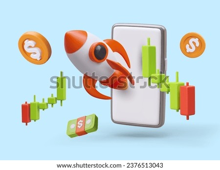 3D rocket launch off from smartphone screen. Stock charts, money. Color vector concept in cartoon style. Successful stock trading, profit on share trading