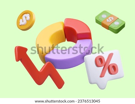Concept of financial analytics. 3D pie chart, coin, stack of banknotes, business arrow, comment sign with percent. Tracking changes, keeping statistics, business control