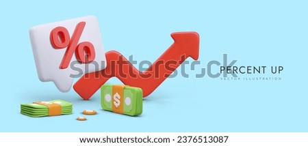 Percent up. Big red business arrow, money, comment sign with percentage. Concept of earnings, interest rate increase. Vector color banner in cartoon style