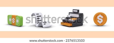 Set of color icons for online store, internet banking. 3D stack of banknotes, paper receipt, cash register, coin with dollar sign. Isolated vector illustration on white background