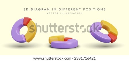 3D donut chart with sectors of different colors. Reporting in positive style. Illustrations for design of web statistics, analytics. Set of icons for financial applications
