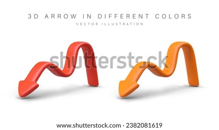 Flexible arrows in plasticine style. Set of colored vector images. Downward movement, decline, weakening. Red and orange direction sign. Illustrations on white background